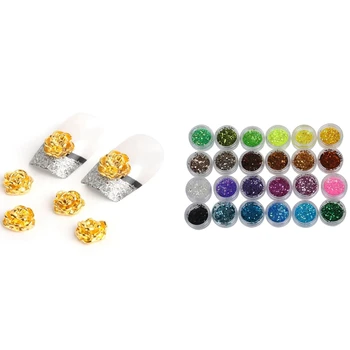 

1 Set 24 Color Sequin Deco Chips Nail Manicure Acrylic Gel & 10Pcs Golden Rose Shape Silver 3D Alloy Nail Glitters