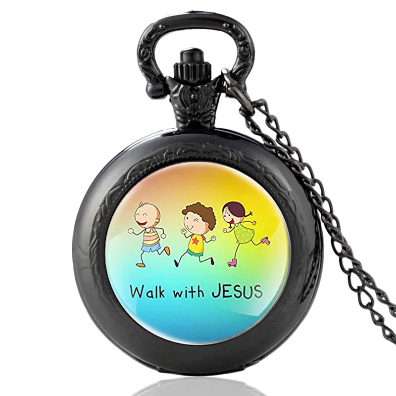 

Vintage Bible Verse "Walk with JESUS "Design Black Quartz Pocket Watch Men Women Christian Pendant Necklace Hours Clock Gifts