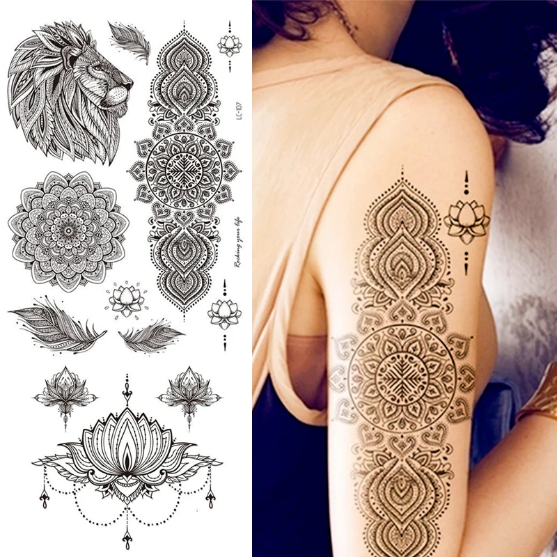 Venda Preto grande mandala flor tatuagens temporárias para as mulheres,  meninas coxa tatuagens realistas henna sol de penas de falso pingente  etiqueta da tatuagem > Beleza & Saúde 