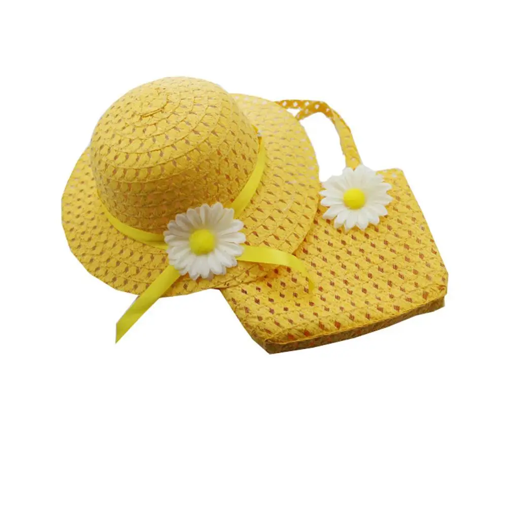 Flower Sun Straw Hat With Handbag Beach Suit Kid Girl Beach Hat Portable Summer Sun Cap Outdoor Riding Purse Sets With 2 Handles