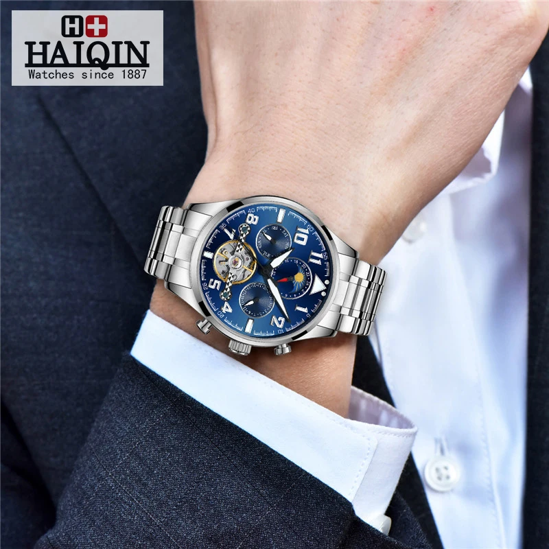 HAIQIN фаза Луны/дисплей недели/Tourbillon механические часы мужские повседневные