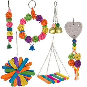 

6Pcs Natural Wooden Bird Swing Chewing Toys Parrot Hammock Bell Toys Parakeet Toys