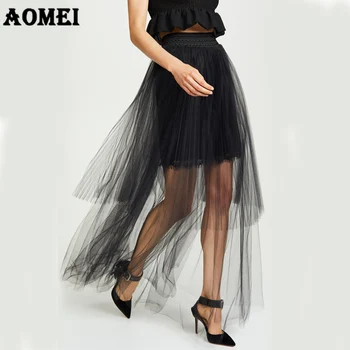 

Women Long Tulle Skirt Irregular Mesh See Through Mesh High Waist Elastic Pleat Spring Summer Falda Elegant Female Fashion Saias