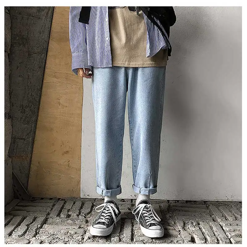 

Spring Korea Straight Jeans Men's Autumn New Trends Loose Falls Wide Leg Pants Retro Harbor Wind Harem Pants Blue Men's Jeans