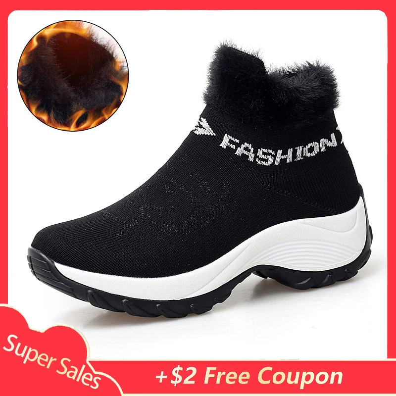 2019 Winter Women Boots Fashion Platform Wedges Shoes Woman Slip-on Snow Warm Fur Sock Big Size |