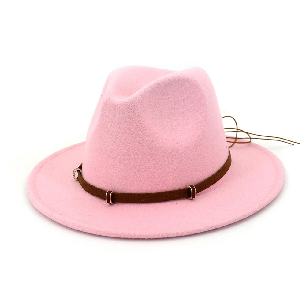 Pink Ретро Мужская и Женская шерстяная шляпа Fedora широкий джазования с полями шляпа леди зима осень чародейная шляпка для церкви размер 56-58 см - Цвет: Pink