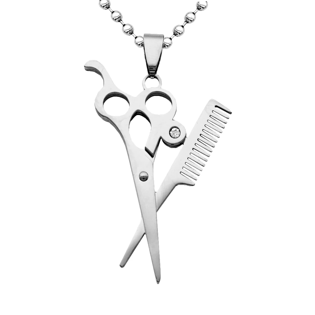 Hair Stylist Scissors and Comb Crystal Charm Stainless Steel Pendant Necklace 19.6 inch Chain