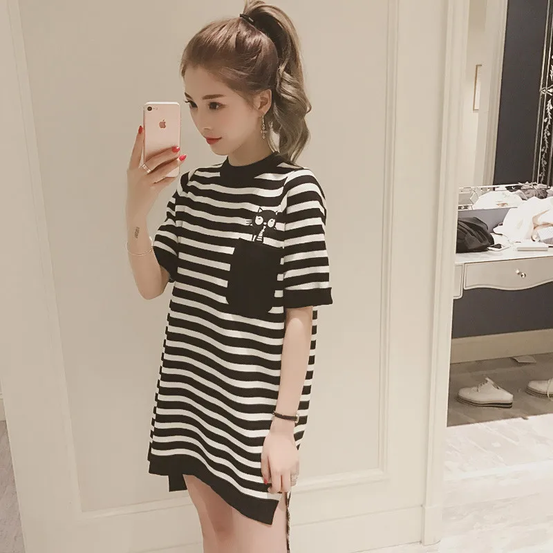 

Embroidered Mid-length Stripes Cat Loose Short Sleeve T-shirt Women's Front Short Long Back Slit Dress