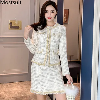 

Fashion Vintage Woolen 2 Piece Skirt Suits Sets Women Beading Coat Jacket + Mini Skirt Suits Outfits Ladies Elegant Office Sets