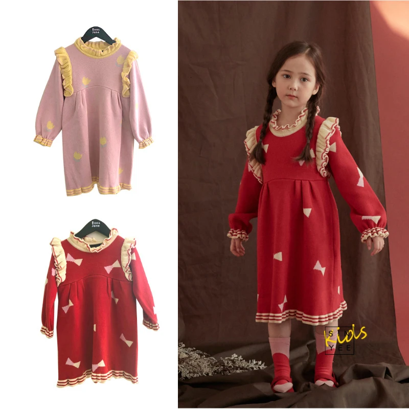 Платье для девочек; Детские зимние вязаные платья; красивое теплое платье-пачка; платья-свитера в клетку с розовым и красным бантом; рождественское платье