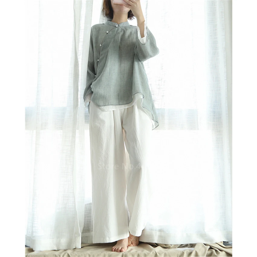 Retro Chinese Women Blouse Traditional Vintage Oblique Shirt Zen Summer Cotton Oriental Woman Tops Mandarin Collar Cheongsam
