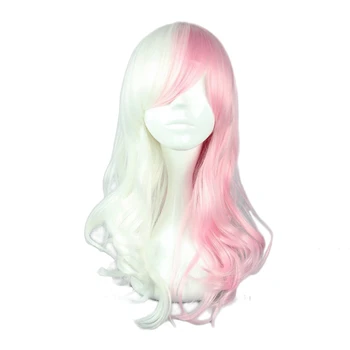 

Danganronpa Monomi Cosplay Wig Women Long Curly Dangan Ronpa White Pink Mix Hairpiece Halloween Party Costume Wigs