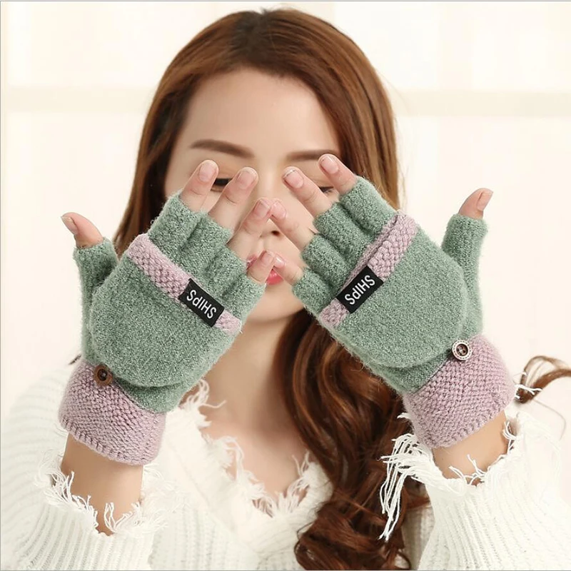 Зимние перчатки с сенсорным экраном, женские и мужские теплые тянущиеся вязаные варежки, женские шерстяные перчатки без пальцев