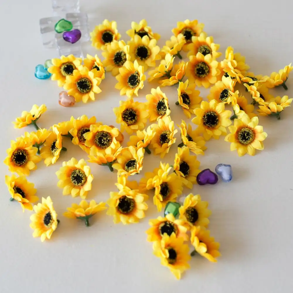 100pcs/lot 4cm Mini Silk Sunflower Artificial Flowers Head For Wedding