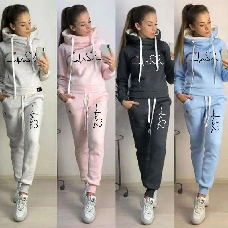 Chándal de dos piezas para mujer, Sudadera con capucha y pantalones con corazón de amor, ropa informal, otoño y primavera