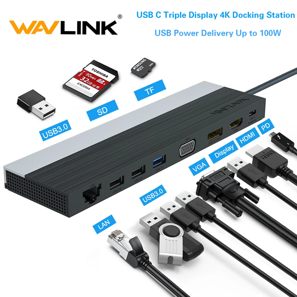 

Wavlink USB C Triple Display Docking Station 4K MST USB Power Delivery up 100W with USB3.0 DP/HDMI/VGA for Windows/Mac OS