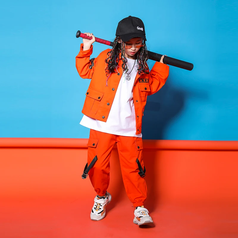 Jazz Costumes Orange Tooling Long Sleeve Jacket Pants Boys Street Dancing Clothes Hip Hop Dance Set Stage Dancewear Kids clothing sets black	