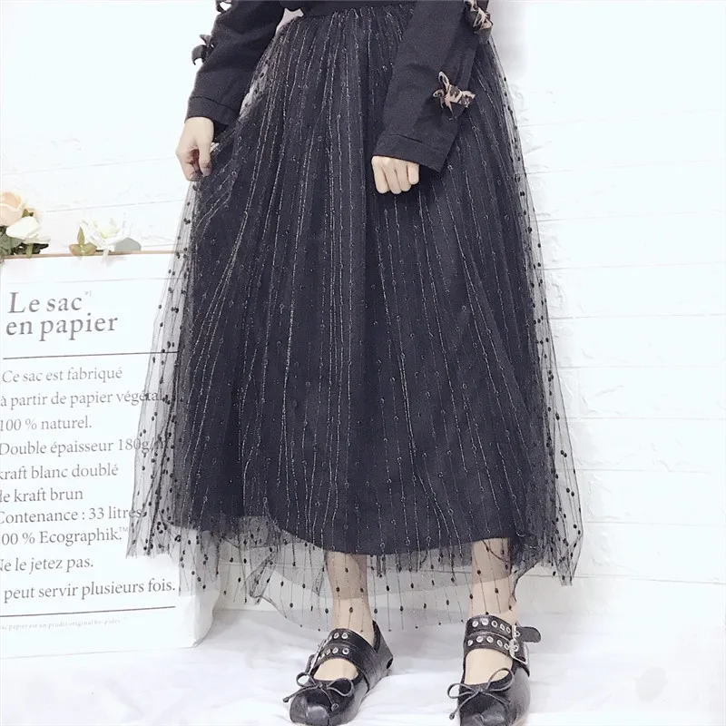 black skirts Розовые сетчатые Falda Plisada, 3 слоя, высокая талия, корейские вечерние юбки для женщин,, элегантная плиссированная Тюлевая юбка с бисером, весна-осень - Цвет: black skirts