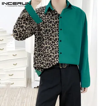 

INCERUN Leopard Patchwork Shirt Men Lapel Long Sleeve Personality Tops 2020 Fashion Streetwear Brand Shirts Men Button Chemise