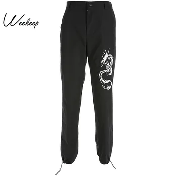 

Weekeep Chinese Style Dragon Embroidery Pants Women Black High Waist Loose Pencil Pants 2019 Fashion Full Length Trousers Women