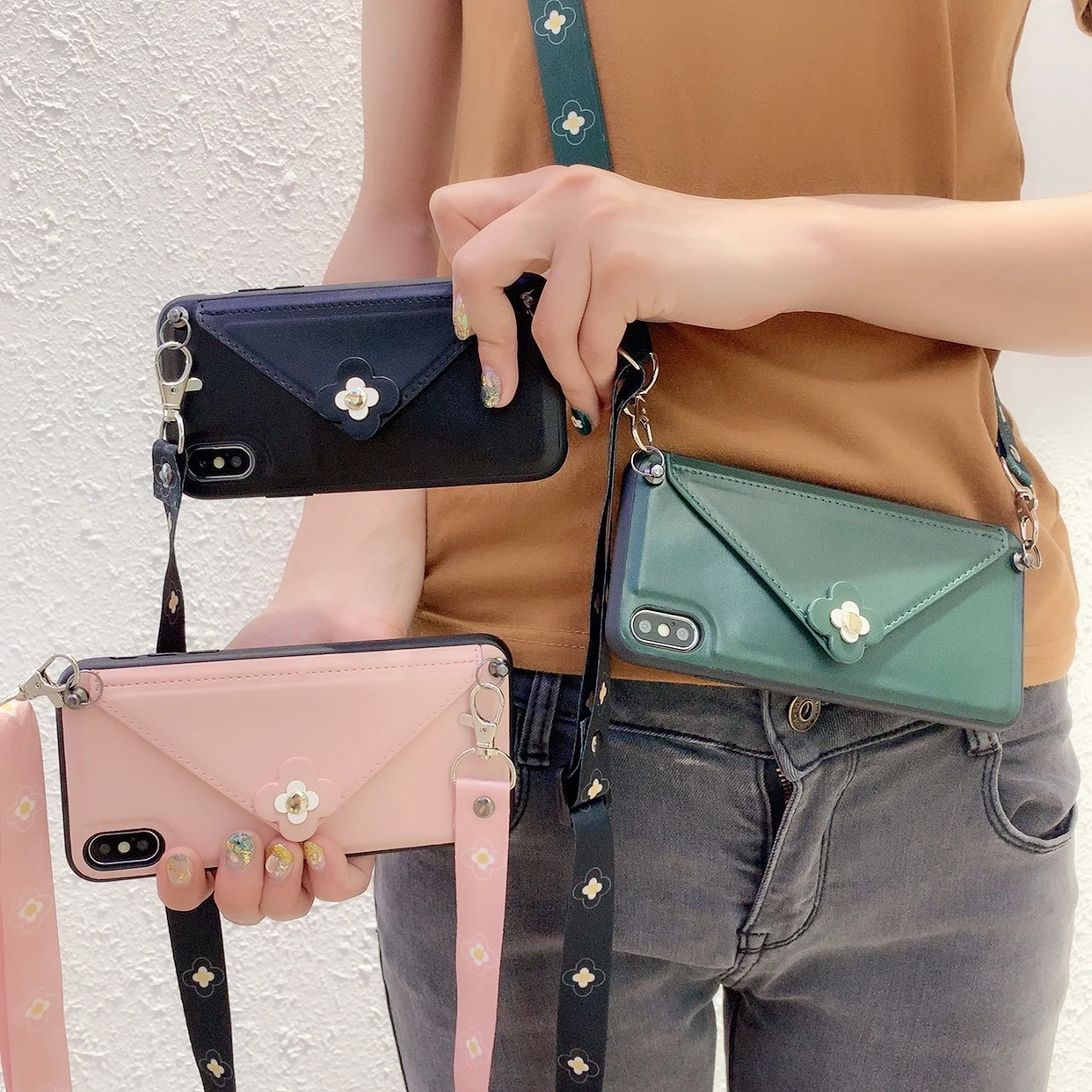 

For iPhone XS Max XR X Camellia Flower Envelope PU Leather Phone Case For iPhone 8 7 6 s Plus Card Holder Cover + Shoulder Strap