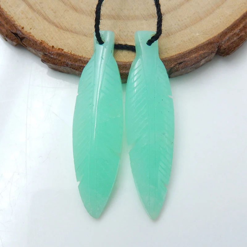 

Hand Carved Chrysoprase Feather shaped earrings beads,Custom Jewelry Earrings Pairs 35x9x3mm, 3.2g