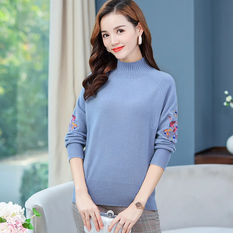 

2019 Autumn & Winter New Style Sweater Women's 100% Pure Wool Embroidery Long Sleeve Base Shirt Loose-Fit Mock-Neck Sweater