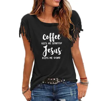 

Coffee Gets Me Started Jesus Slogan T-Shirt Religious Clothes Stylish Cotton Tee Funny Christian Bible verse Grapjic Top