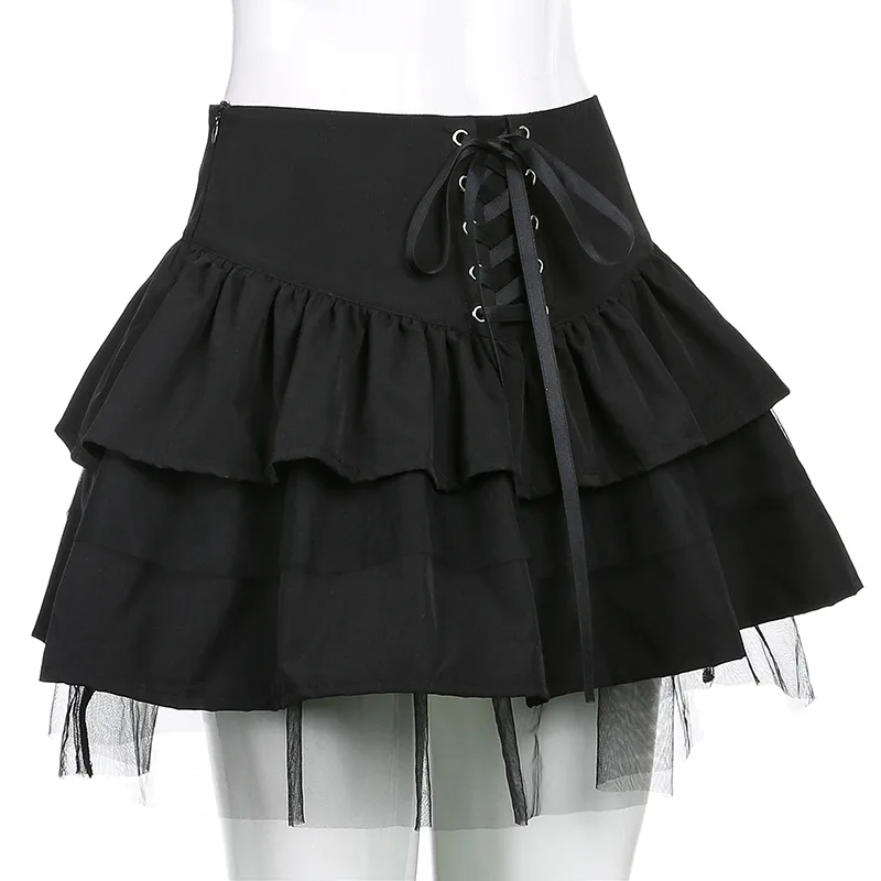 Dark Gothic Style Mesh Stitching Lace High Eaist Cake Skirt 2021 European And American Y2K Sexy Skirts Women