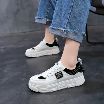 

New Spring Feminino Lace-up White Shoes Woman Leather Solid Color Female Casual Women Sneakers Cat Zapatos De Mujer U20-80