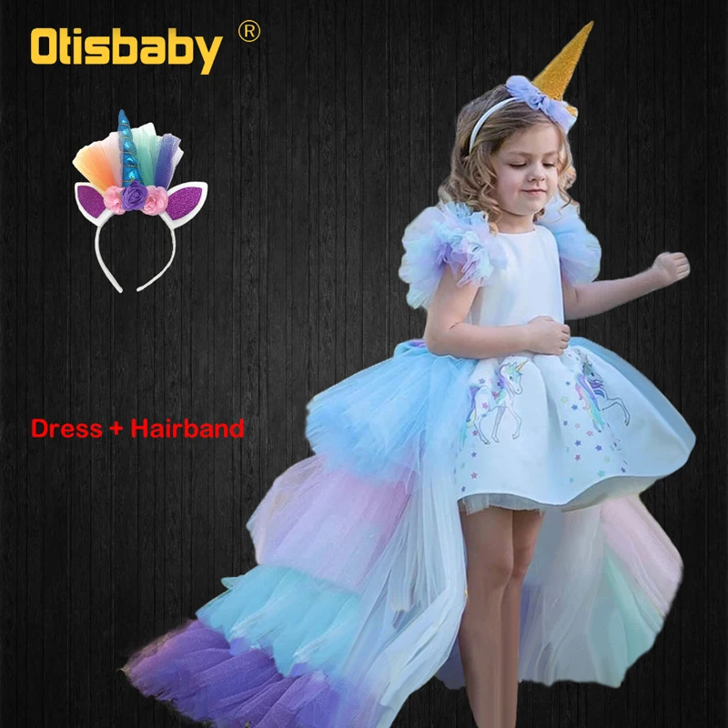 Dress Hairband Рождественское платье для девочек с единорогом, с длинным хвостом+ парик с крыльями, повязка для девочки, бальное платье принцессы на день рождения, детская одежда с лошадями - Цвет: Dress Hairband