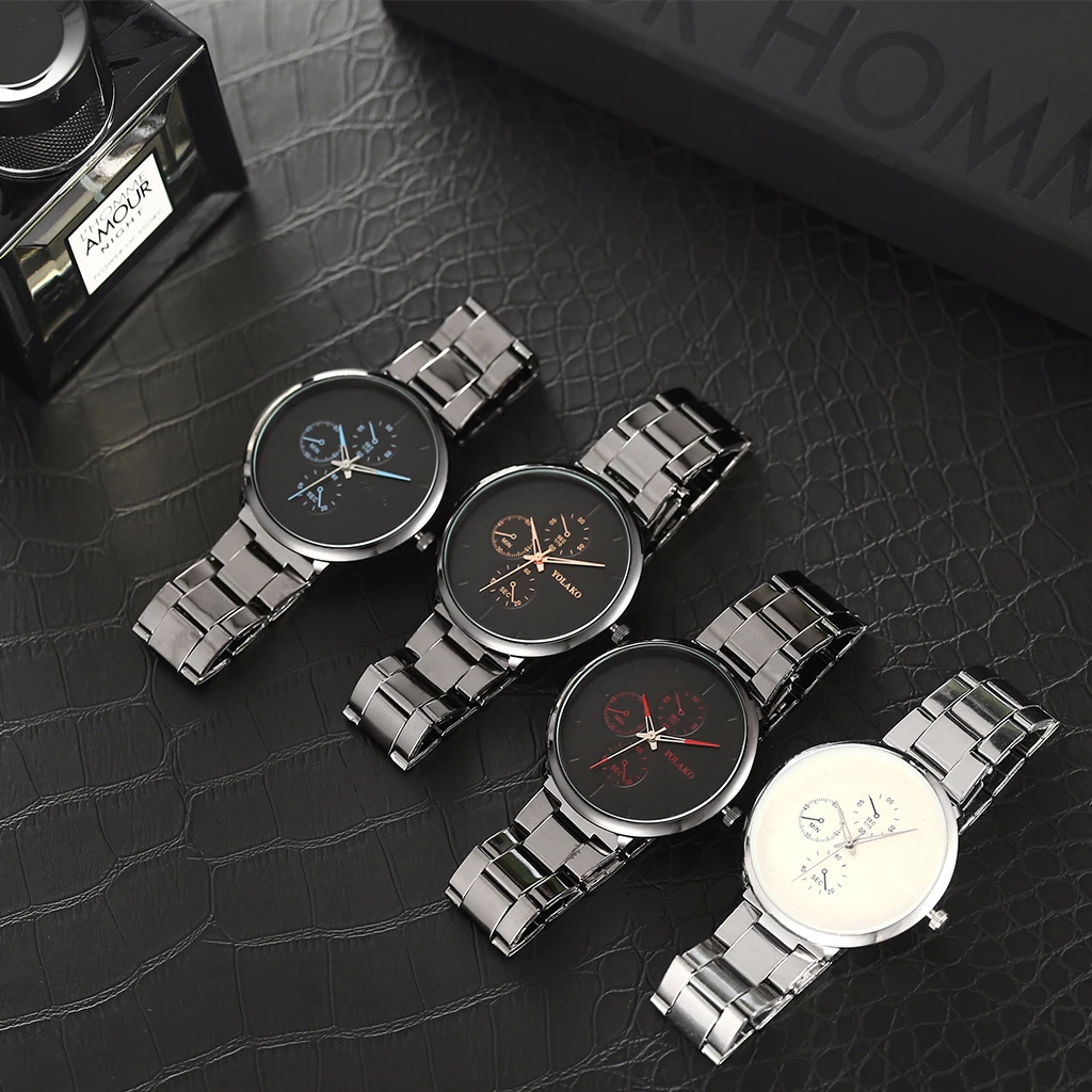 Бренд YOLAKO, мужские черные деловые часы из нержавеющей стали, роскошные повседневные спортивные часы, кварцевые часы, мужские часы
