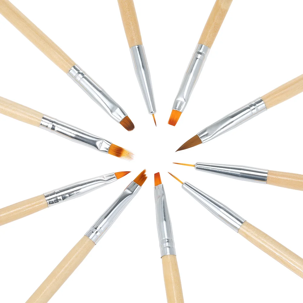 10pcs/set Nail Art Brush Gradient Painting Drawing Carving Pen Linner Wood Handle UV Gel Nail Art builder Brushes