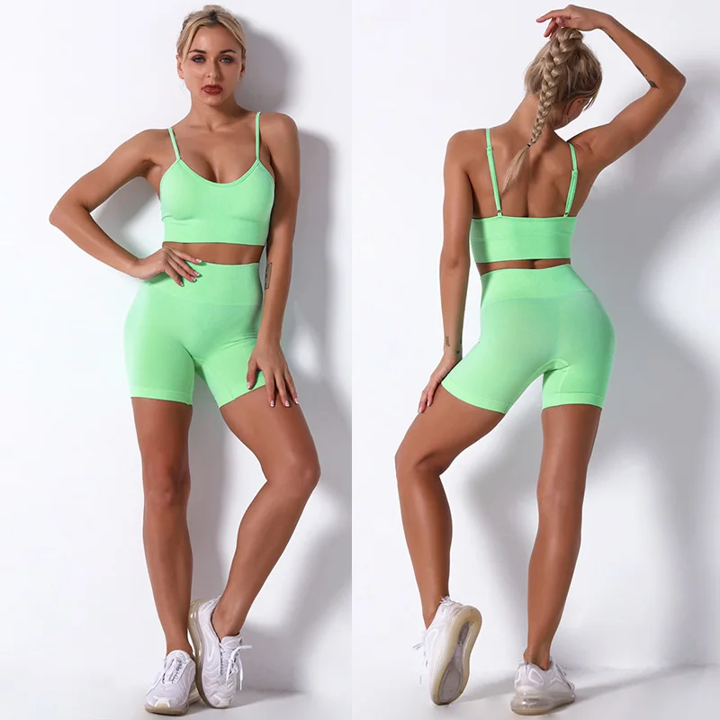 Women Yoga Set Seamless Fitness Suit Gym Clothing Shorts Workout Crop Top Sport Shirt Solid Pant High Waist Leggings Running Bra