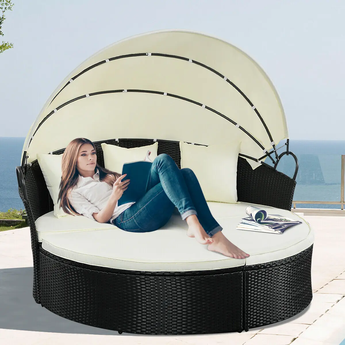 Costway Outdoor Patio Sofa Furniture Round Retractable Canopy - Costway Outdoor Patio Sofa Furniture Round Retractable Canopy