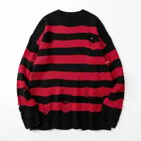 Black Stripe Sweaters Destroyed Ripped Sweater Men Pullover Hole Knit Jumpers Men Oversized Sweatshirt Harajuku Long Sleeve Tops 1