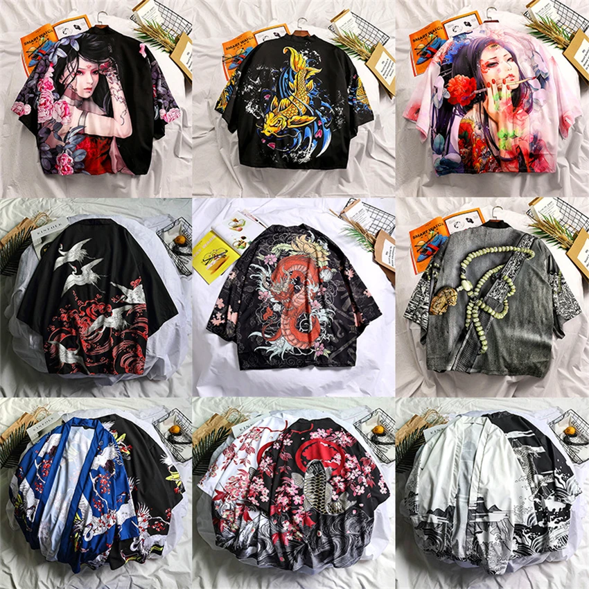 12Color New Japanese Fashion Style Kimono for Adult Traditional Haori Clothing Print Chinese Dragon Thin Samurai Men Women Robes