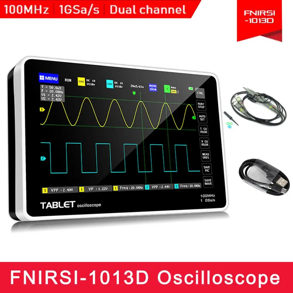 Osciloscópio digital 1013D 2 canais, largura de banda 100MHz, taxa de amostragem 1gsa/s, USB, com tela de LCD TFT a cores sensível ao toque