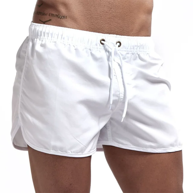New Men's Summer Swimwear Solid Color Beach Board-shorts Swimsuits Running Sports Casual Breathable Homme Short Pants white