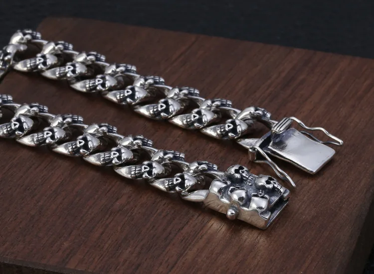 12 мм Широкий 925 пробы серебро Для мужчин череп браслет Ювелирное Украшение 21 см/50 г A3999
