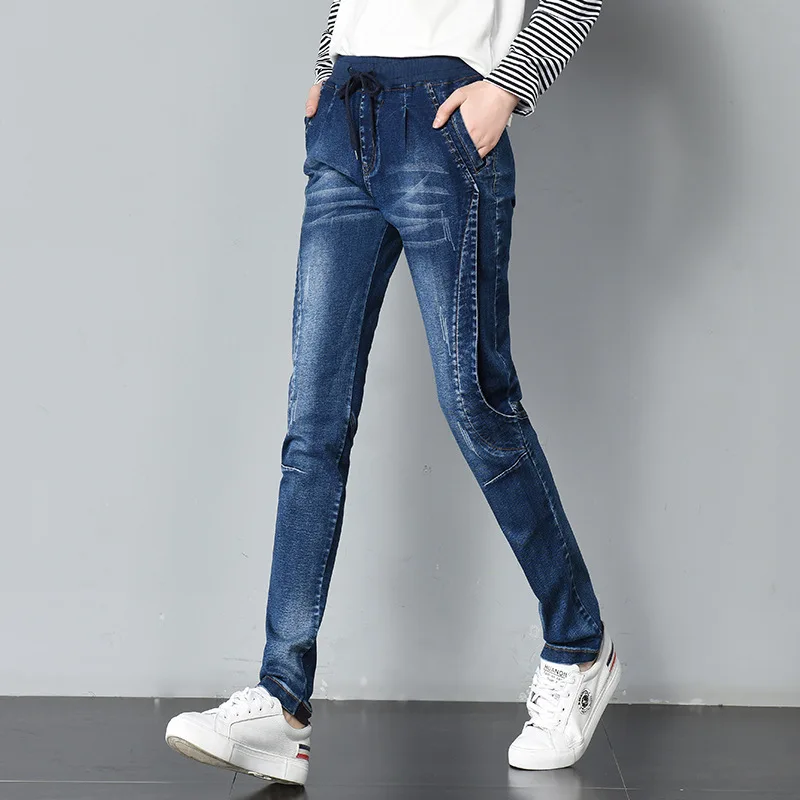 

Autumn Patchwork Stretch Skinny Woman Jeans High Waist Pencil Pants Mujer Elastic Waist Lace Up Slim Denim Plus Size Trousers5XL