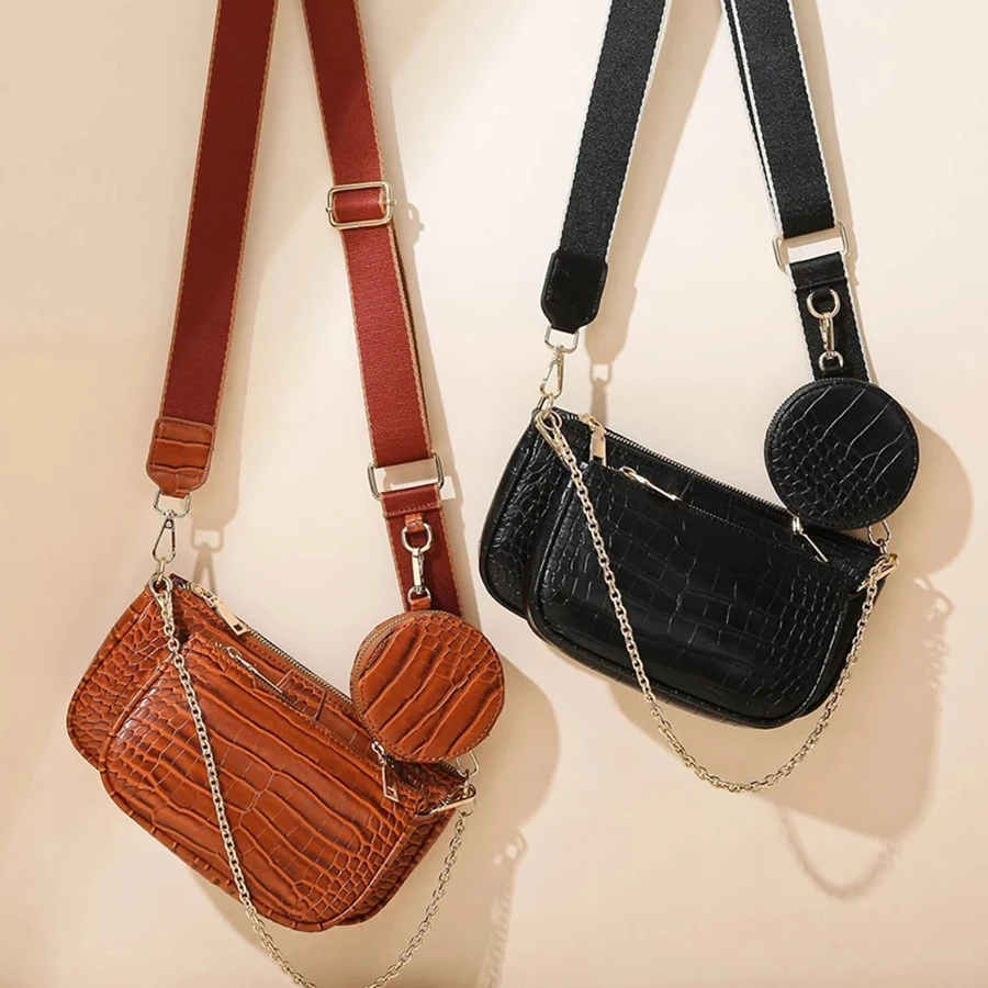 

Fashion Alligator Women's Shoulder Bag Designer 3 pcs/Set Chain Crossbody Bags Lady Wide Strap Crocodile Pattern Women's Bag