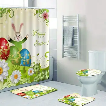 

Easter 3D Digital Happy Green Rabbit Ball Print Shower Curtain Floor Mat Bathroom Base Mat Toilet Mat