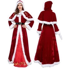 

Christmas Dress Red High Waist Plush Dress Spring Fall Slimming Midi + Cape Hat + Black Waistband + White Gloves