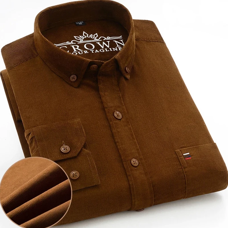 Cotton Shirt Long Sleeve Shirt Cotton Plus Size 7XL Corduroy Mens Casual Long Sleeve Regular Fit Business Dress Shirts For Male Comfortable Pocket
