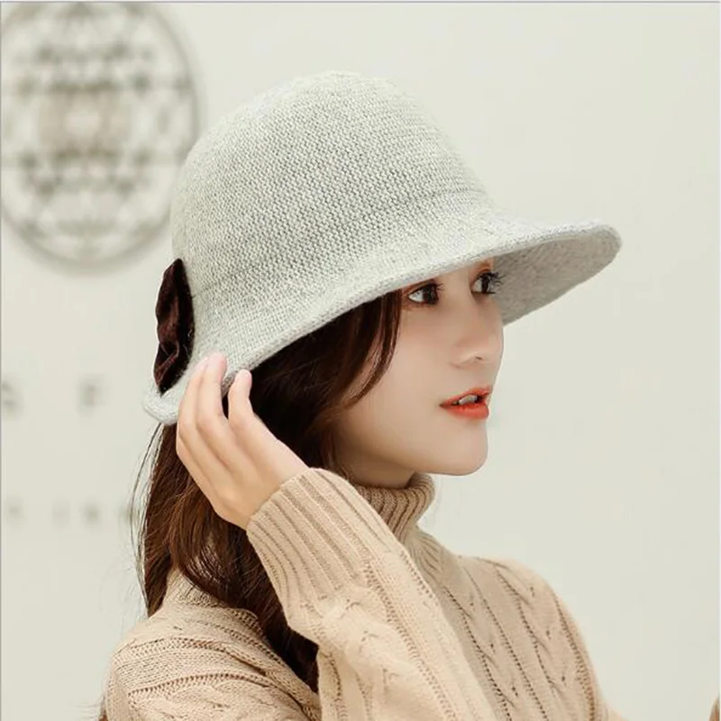 Light grey Шапка в рыбацком стиле с бантиком; зимняя шапка для женщин и девочек; модная мягкая теплая шапка для рыбалки; для отдыха на открытом воздухе; сезон весна-осень; для женщин - Цвет: Light grey