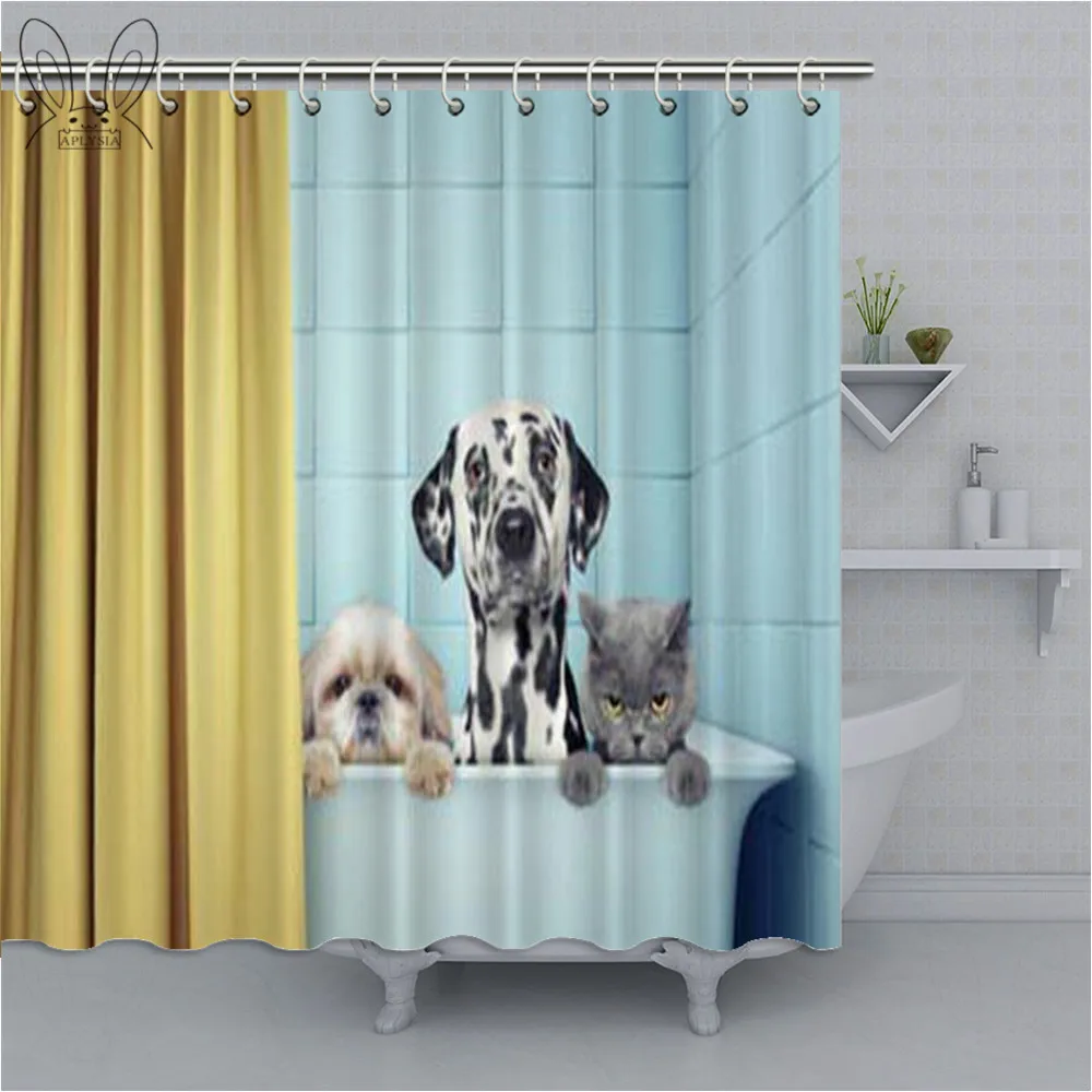 Shower Curtains Dog Cat In The Bathtub Printed Creative Waterproof