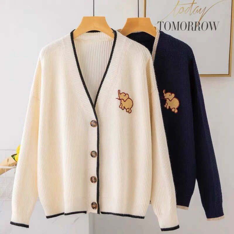 

Cardigan women tops 2020 Elephant Pattern Animal Knitted casual loose sweaters V-Neck Good Quality Fashion ladies outerwear