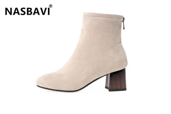 

2019 Women Shoes Ankle Pumps Flock Toe Boots Solid 2019 New High-heeled Shoes Plus velvet Keep warm Women's shoes