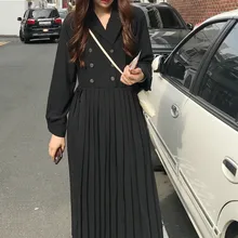 Corea mujeres otoño manga larga largo plisado Blazer vestido damas elegante doble pecho negro Vestidos